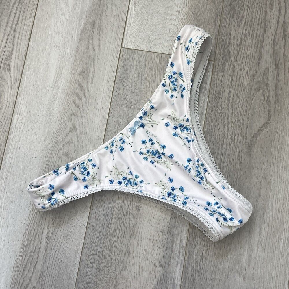 Somerville Swim Bikini Bottoms floral lace trim cheeky womens White Blue medium